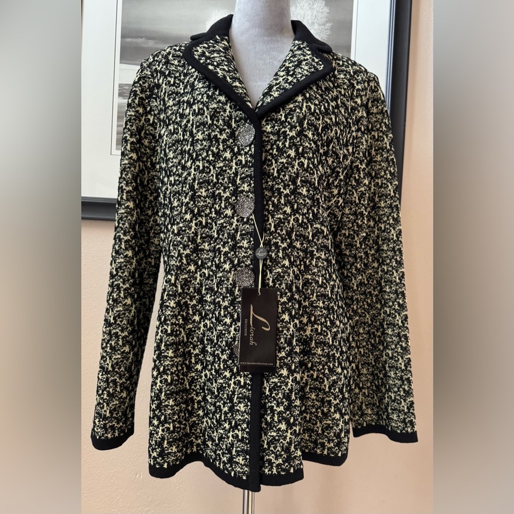 Liorah Womens Black Sparkle Button Knit Jacket Sz 16 Wool Blend Cardigan Sweater